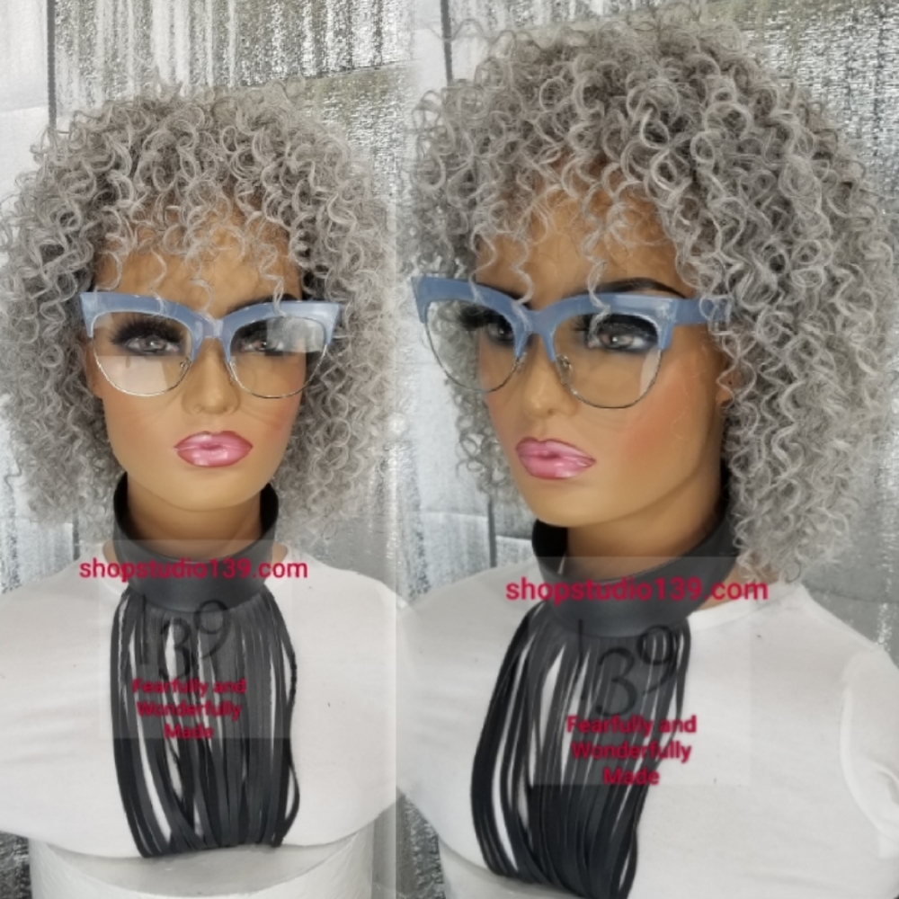 Salt and pepper gray curly wig with bangs